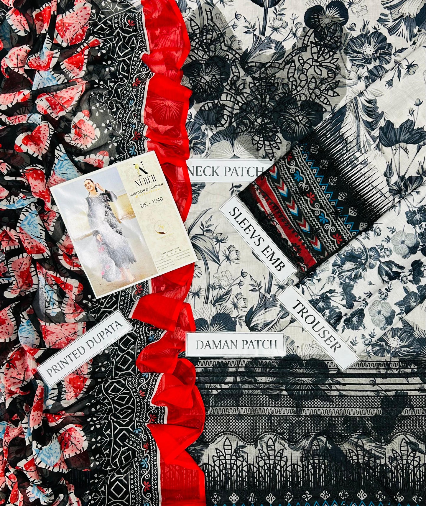 printed lawn front with heavy embroidered scifflie neckline with heavy embroidered spengle work daman boarder