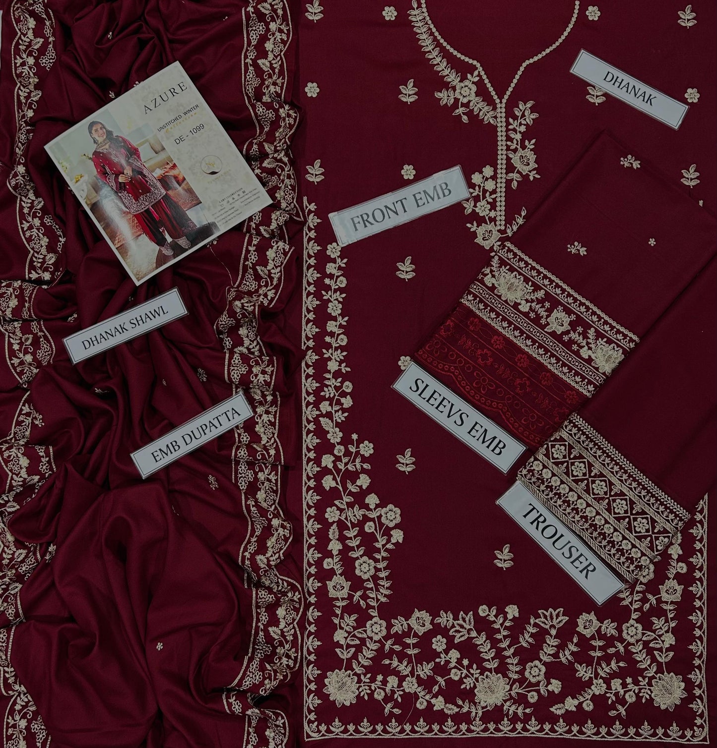 AZURE 3 PC HEAVY EMBROIDERED DHANAK WINTER STUFF SUIT