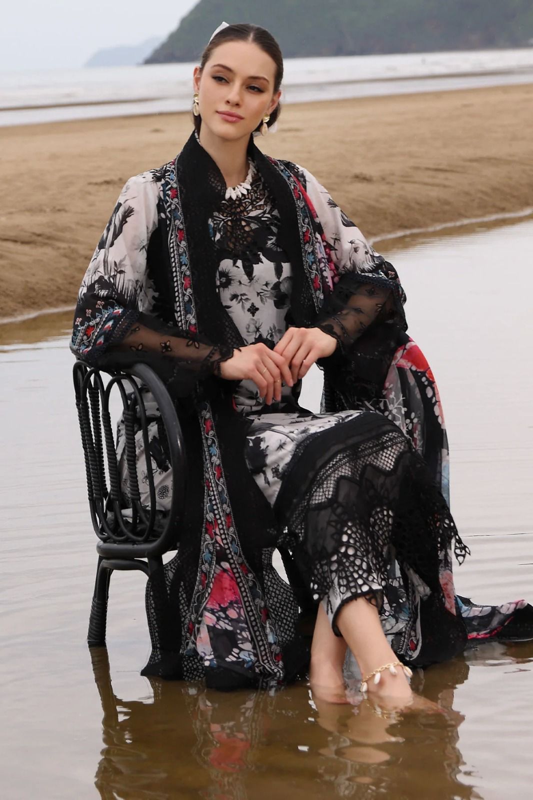 printed lawn front with heavy embroidered scifflie neckline with heavy embroidered spengle work daman boarder