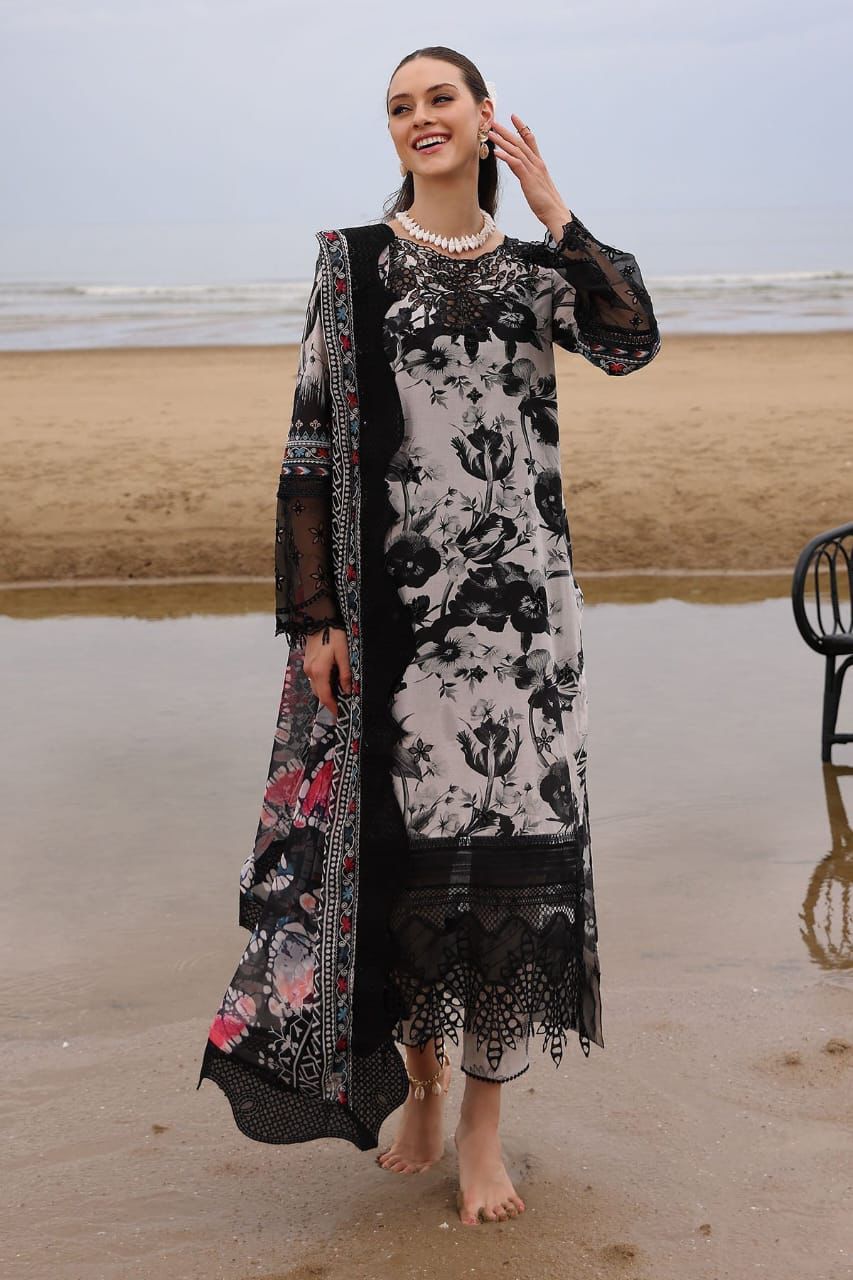 printed lawn front with heavy embroidered scifflie neckline with heavy embroidered spengle work daman boarder
