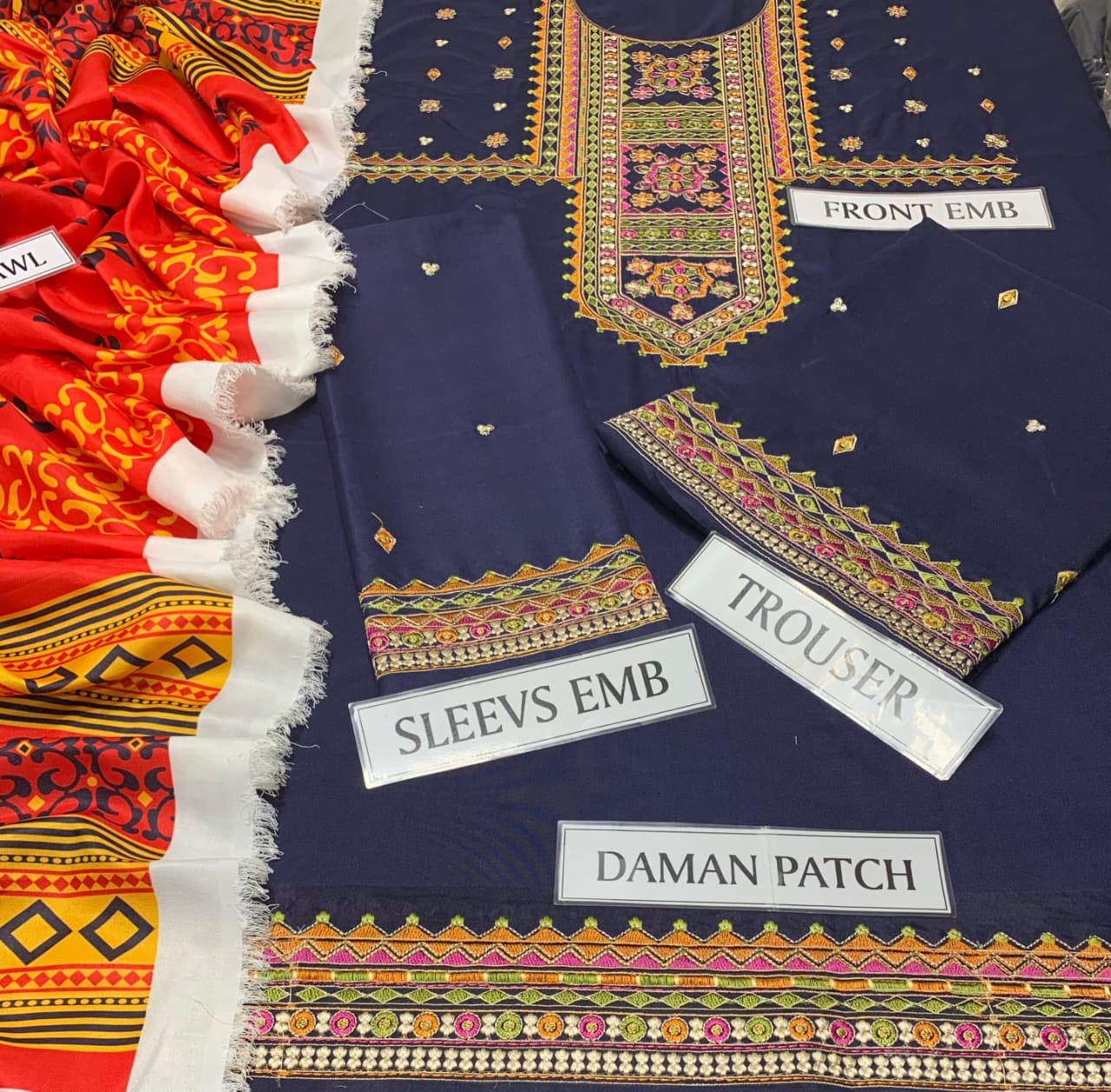 KARMA 3PC EMB SUIT | 3PC DHANAK UNSTICHED SUIT | 3PC BLACK EMB SUIT