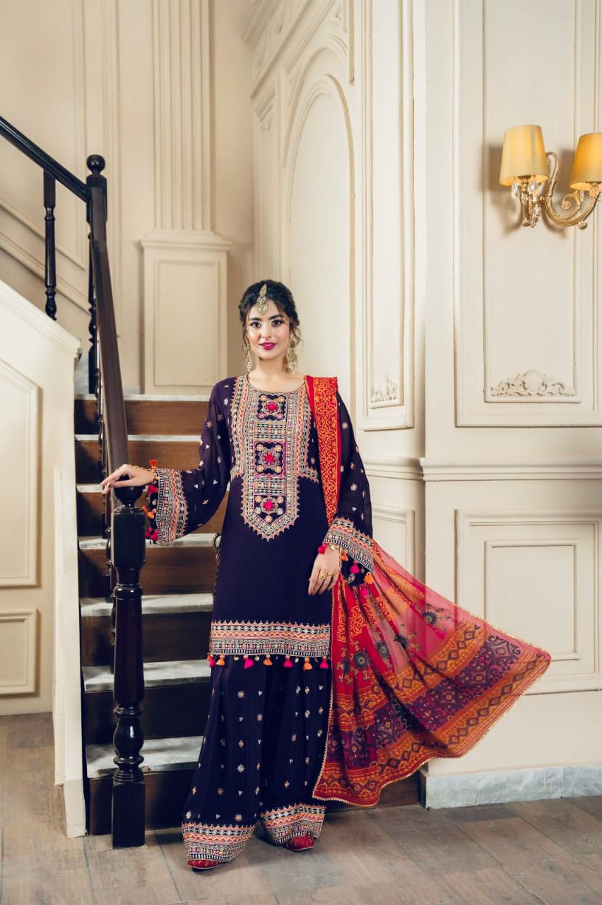 KARMA 3PC EMB SUIT | 3PC DHANAK UNSTICHED SUIT | 3PC BLACK EMB SUIT