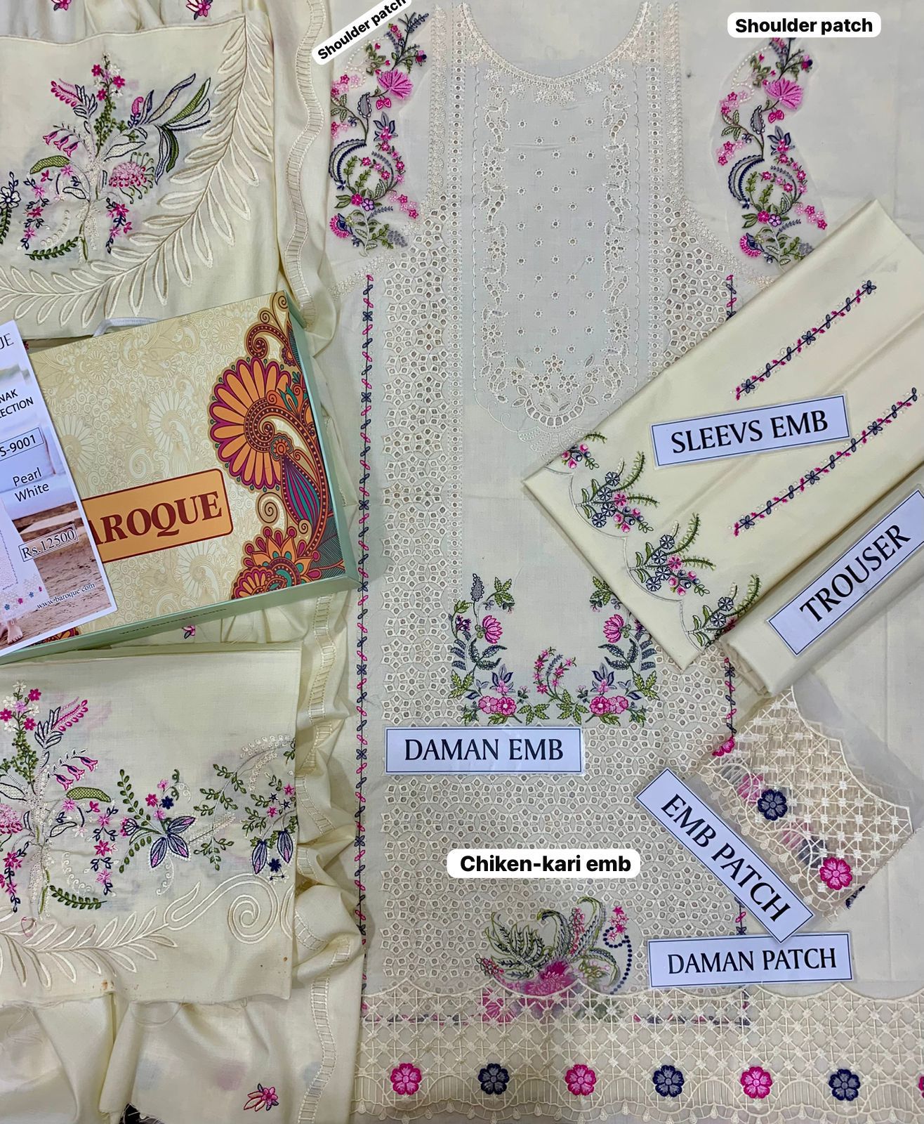 BAROQUE 3PC DHANAK EMB CHICKENKARI SUIT | 3PC LUXURY CHICKENKARI EMB SUIT