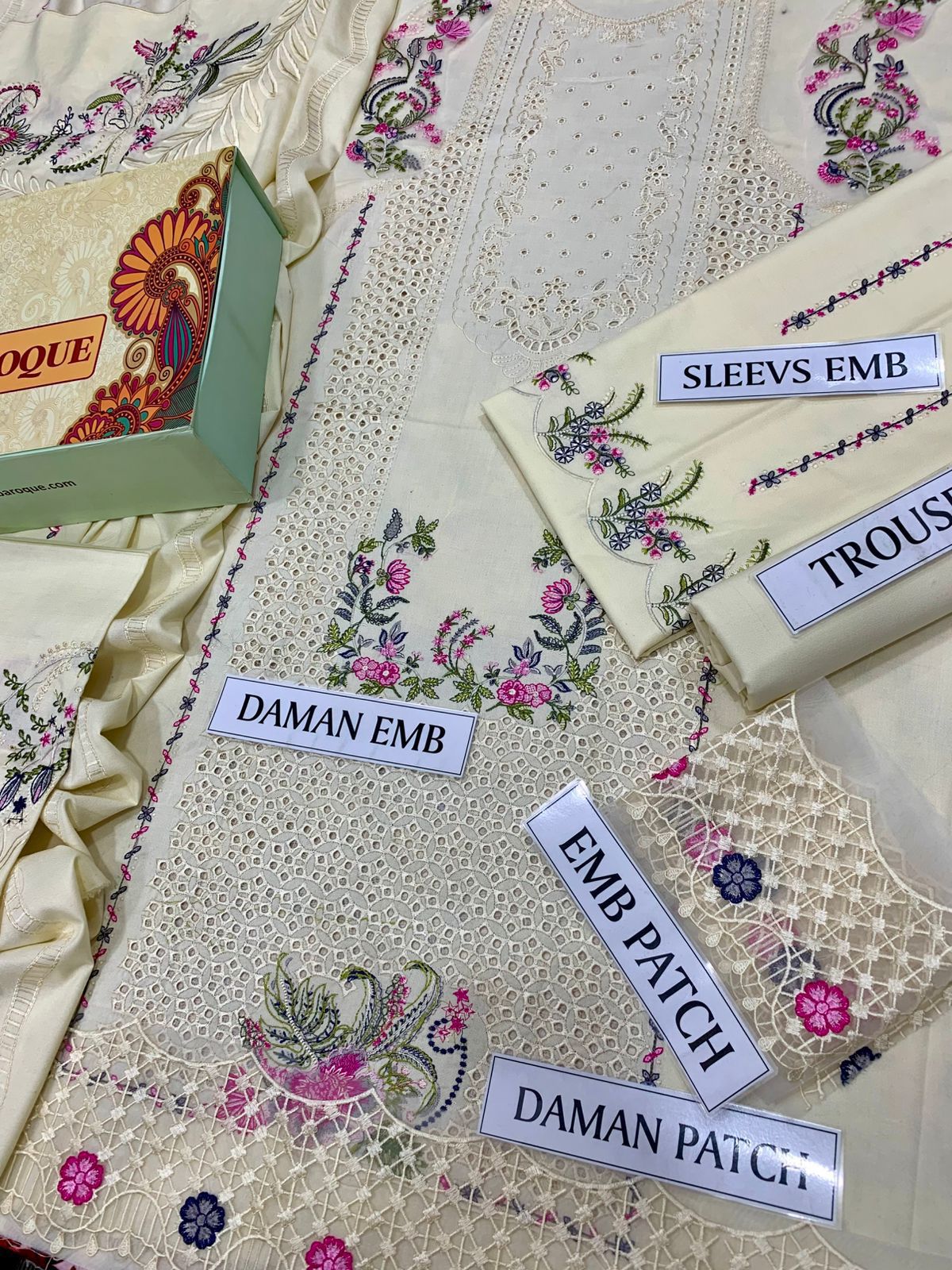 BAROQUE 3PC DHANAK EMB CHICKENKARI SUIT | 3PC LUXURY CHICKENKARI EMB SUIT