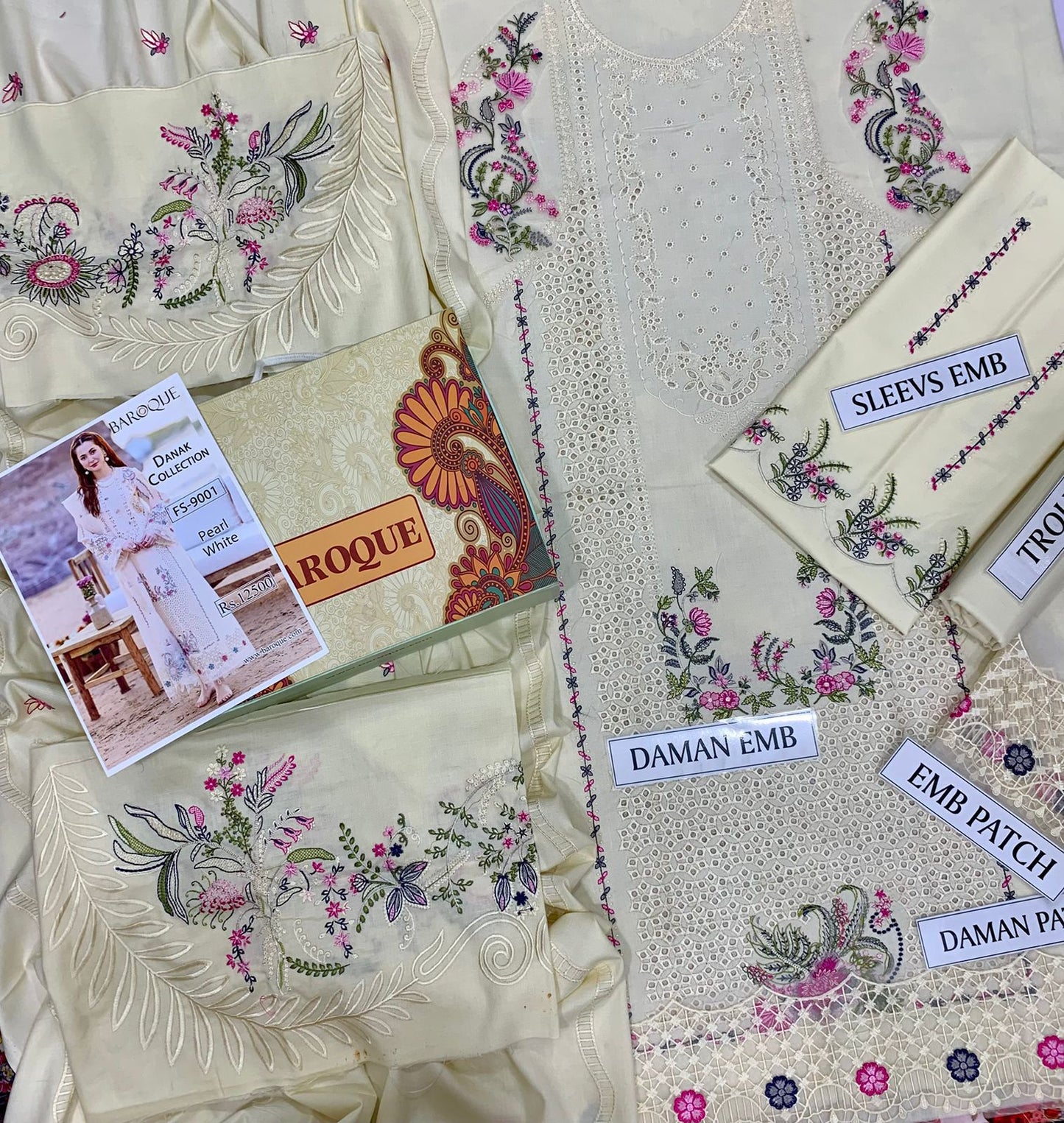 BAROQUE 3PC DHANAK EMB CHICKENKARI SUIT | 3PC LUXURY CHICKENKARI EMB SUIT