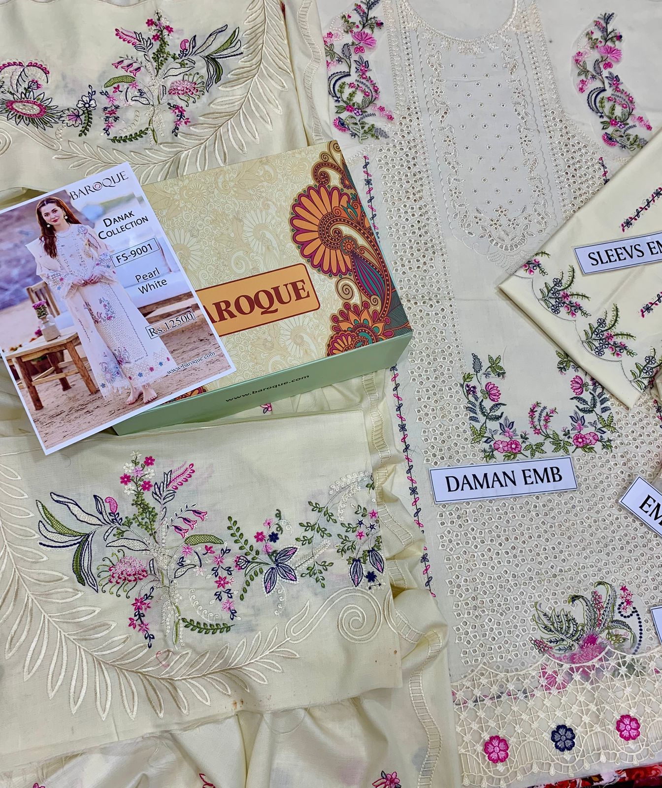 BAROQUE 3PC DHANAK EMB CHICKENKARI SUIT | 3PC LUXURY CHICKENKARI EMB SUIT