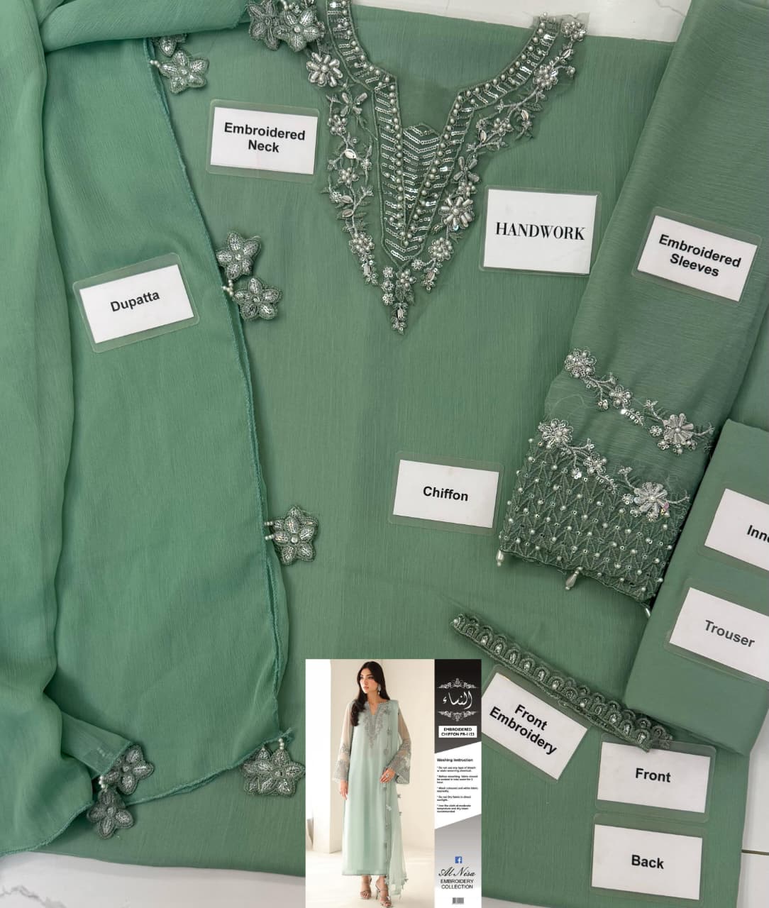 BAROQUE  3PC EMBROIDERED CHIFFON AND MALAI SUIT