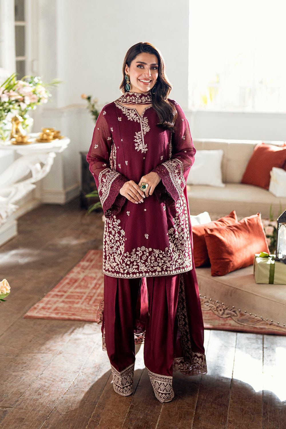 AZURE 3 PC HEAVY  EMBROIDERED DHANAK WINTER STUFF  SUIT