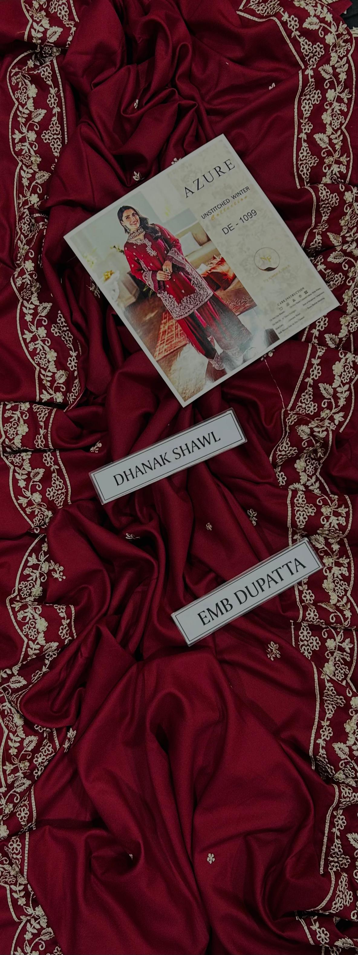 AZURE 3 PC HEAVY  EMBROIDERED DHANAK WINTER STUFF  SUIT