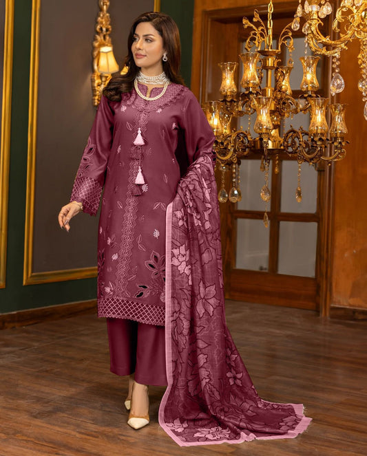 SHE EDGE 3PC EBROIDERED LASER CUT SUIT | 3 PC EMBROIDRED LLUXURY DHANAK