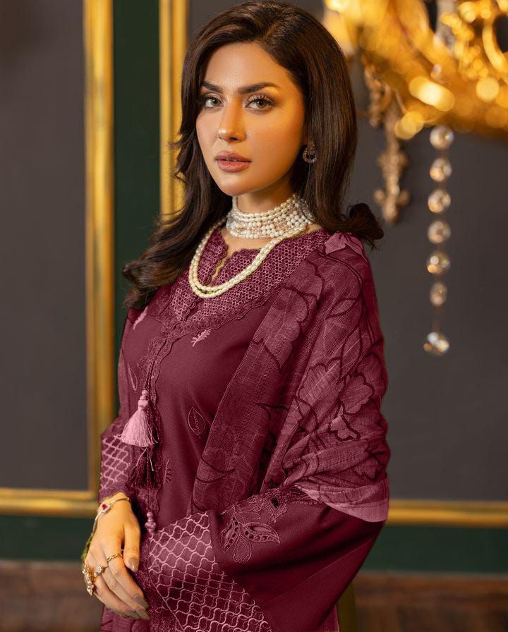 SHE EDGE 3PC EBROIDERED LASER CUT SUIT | 3 PC EMBROIDRED LLUXURY DHANAK