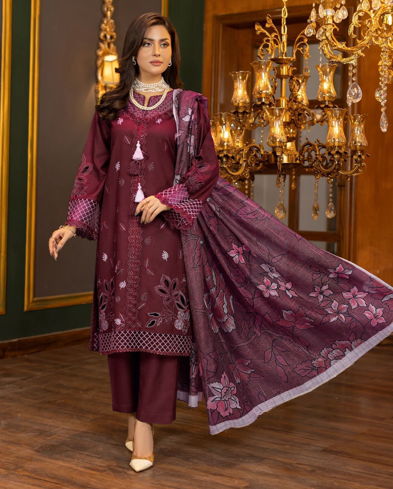 SHE EDGE 3PC EBROIDERED LASER CUT SUIT | 3 PC EMBROIDRED LLUXURY DHANAK