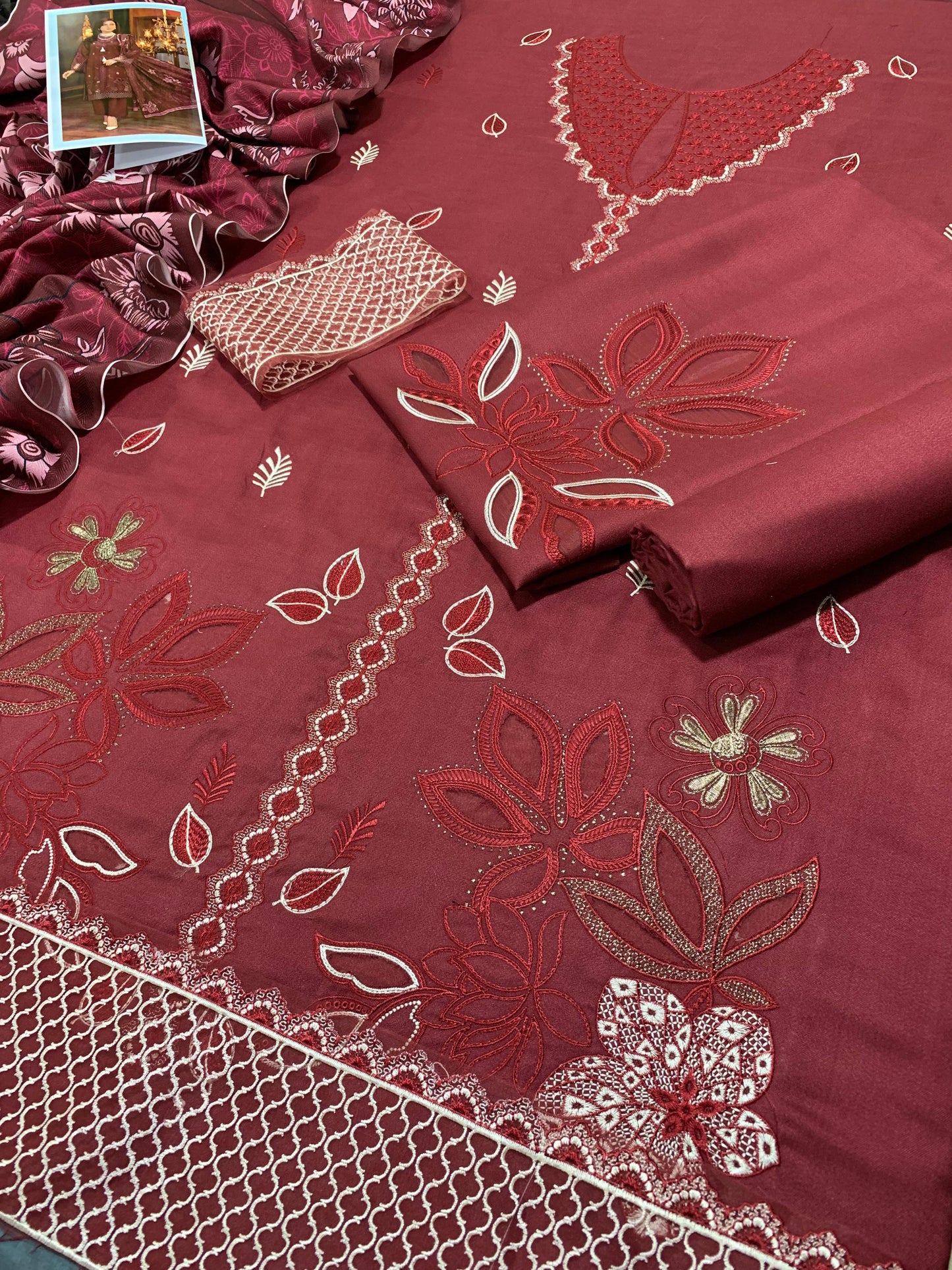 SHE EDGE 3PC EBROIDERED LASER CUT SUIT | 3 PC EMBROIDRED LLUXURY DHANAK