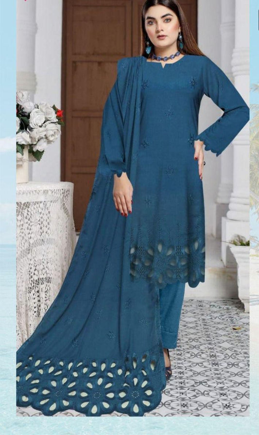 UNSTICHED BAREEZE DHANAK 3 PC EMBROIDERED LUXURY SUIT